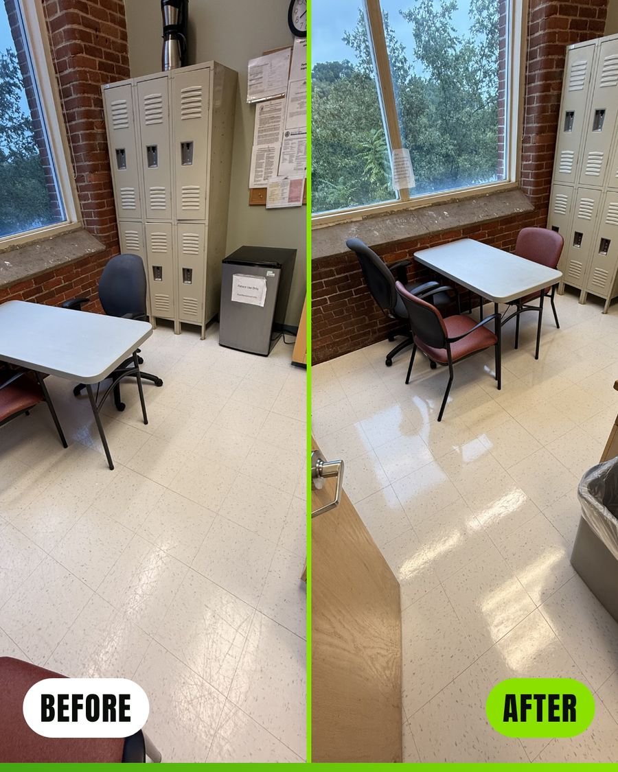 Before and after floor waxing in a medical clinic break room