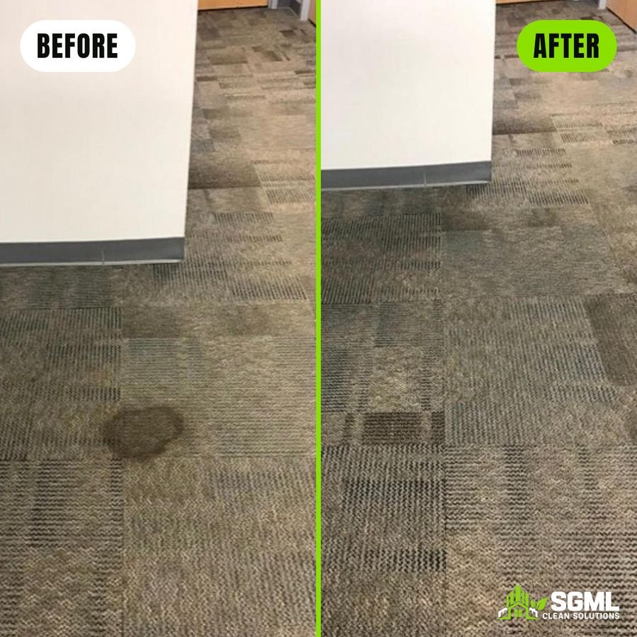 Before and after carpet tile cleaning removing a dark stain