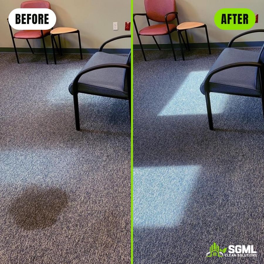 Before and after waiting room carpet cleaning removing a spill stain